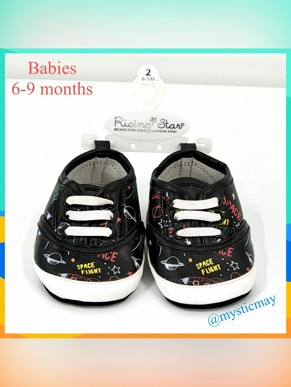 New RISING STAR Boys Girls Black Astronaut Space Theme Baby Shoes Size 6-9 Mos